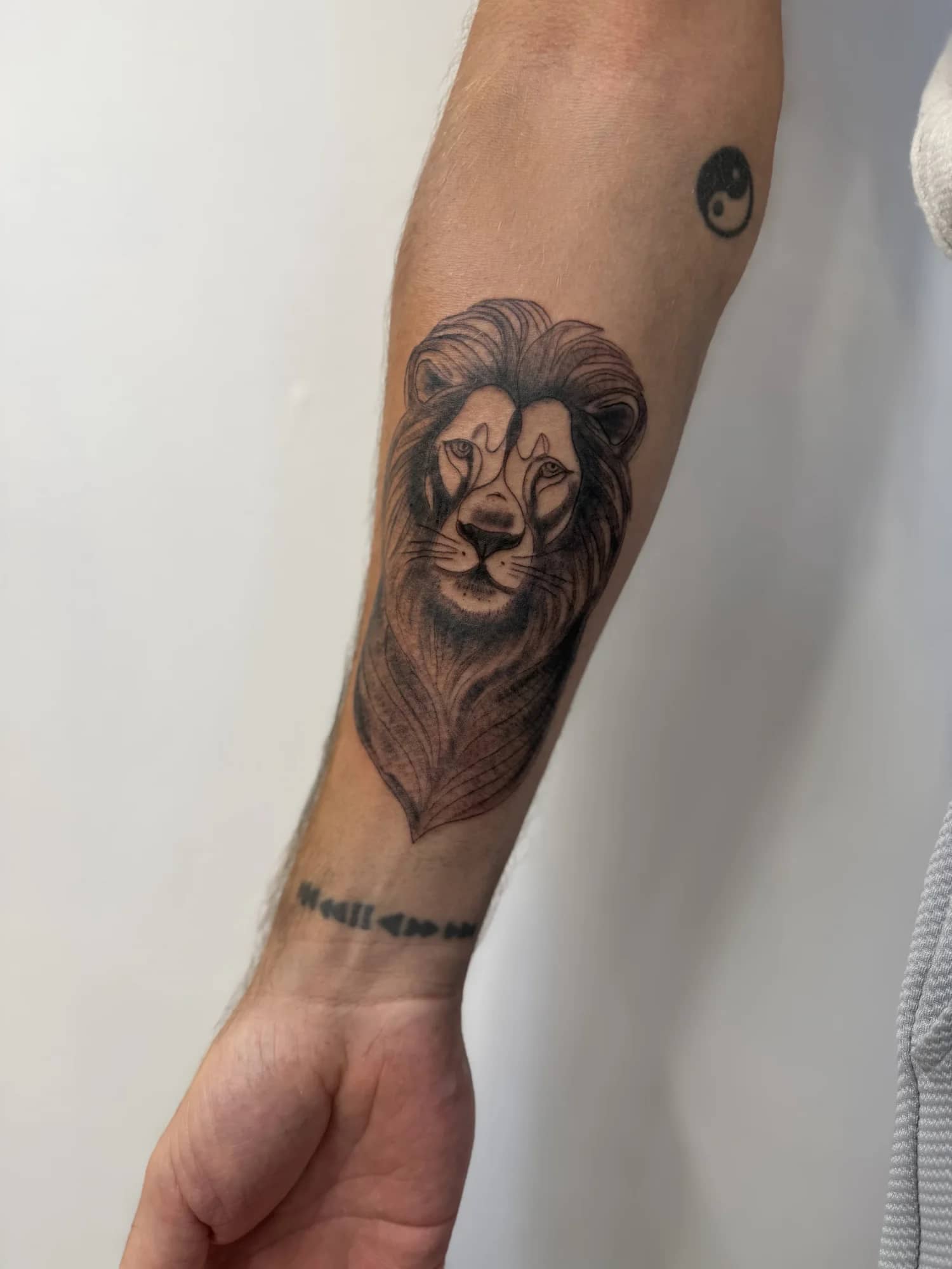 Detailed fine line lion portrait tattoo on the forearm