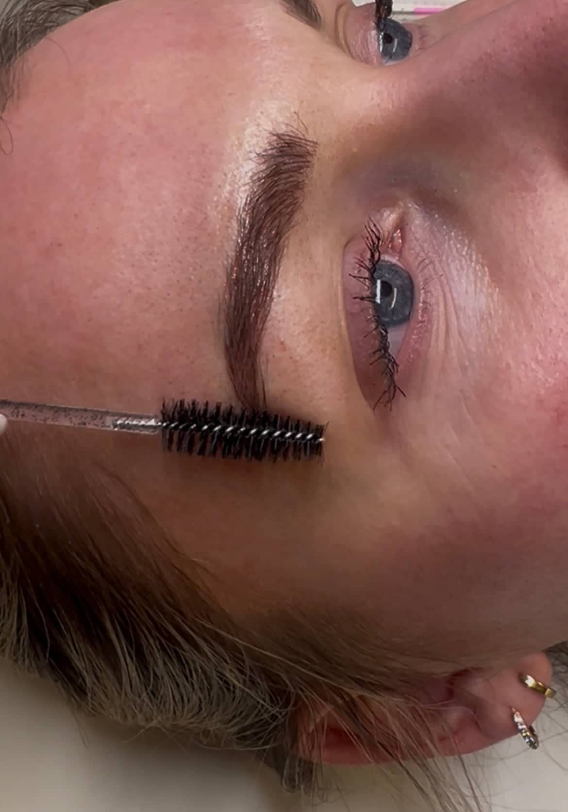 Close-up of a semi-permanent brow treatment by Imogen Nia